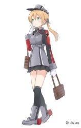 Rule 34 | 1girl, ahenn, aqua eyes, bag, black skirt, black thighhighs, blonde hair, blush, commentary request, full body, gloves, hair between eyes, hat, holding, holding bag, kantai collection, long hair, long sleeves, low twintails, military, military uniform, peaked cap, pleated skirt, prinz eugen (kancolle), simple background, skirt, smile, solo, thighhighs, twintails, twitter username, uniform, white background, white gloves