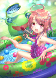 Rule 34 | 10s, 1girl, :d, ahoge, alternate costume, arm support, armpits, ball, barefoot, blurry, blush, casual one-piece swimsuit, cherry blossoms, depth of field, dutch angle, feet, flat chest, floral print, frog, from side, goto p, grass, hair ornament, hair ribbon, happy, holding, i-58 (kancolle), kantai collection, leg up, light brown hair, light particles, looking at viewer, looking back, one-piece swimsuit, open mouth, outdoors, parted bangs, petals, pink eyes, pink hair, pink one-piece swimsuit, polka dot, polka dot swimsuit, pool, purple one-piece swimsuit, ribbon, short hair, sitting, smile, solo, swimsuit, wading pool, water, water gun