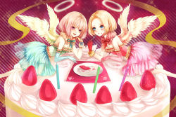 Rule 34 | 2girls, all fours, angel, angel wings, asymmetrical gloves, bare shoulders, blonde hair, blue eyes, blush, bow, bowtie, cake, candle, clona, cream, dress, elbow gloves, feathered wings, food, fork, frilled dress, frilled gloves, frills, fruit, fur collar, gloves, green gloves, halo, head rest, light purple hair, looking at viewer, looking to the side, mismatched gloves, multiple girls, open mouth, original, purple eyes, red gloves, ribbon, semi-transparent, short hair, sleeveless, smile, snowflakes, strawberry, striped, striped background, symmetrical pose, whipped cream, wings, yellow gloves