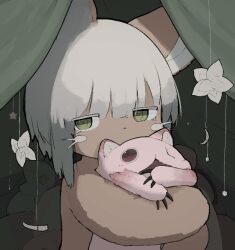 Rule 34 | 1other, androgynous, animal ears, blunt bangs, covered mouth, furry, green eyes, holding, horizontal pupils, jitome, made in abyss, mitty (made in abyss), nanachi (made in abyss), short hair, sideways glance, siroa, upper body, white hair