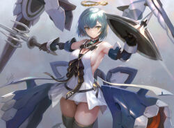 Rule 34 | 1girl, alice gear aegis, black thighhighs, blue hair, closed mouth, commentary, dress, earrings, floating, floating object, halo, holding, holding shield, holding sword, holding weapon, jewelry, mecha musume, mechanical arms, mechanical halo, mia viosin, panties, shield, signature, solo, sword, thighhighs, underwear, weapon, white dress, white panties, yellow eyes, yoshiku (oden-usagi)