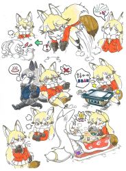 Rule 34 | . ., 3girls, anger vein, angry, animal ear fluff, animal ears, arcade cabinet, black bow, black gloves, black hair, blonde hair, bow, bowtie, character request, cocktail cabinet, commentary request, compass rose, diving, donbei kitsune udon, eating, extra ears, ezo red fox (kemono friends), food, fox ears, fox tail, gloves, grey hair, hair between eyes, highres, jacket, japari symbol, kemono friends, kemono friends pavilion, kotatsu, long hair, long sleeves, multicolored hair, multiple girls, musical note, nissin donbei, noodles, okb 001, open mouth, pantyhose, playing games, pleated skirt, ramen, sharp teeth, silver fox (kemono friends), simple background, skirt, sleepy, sweatdrop, table, tail, teeth, tsurime, two-tone hair, yawning