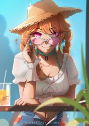 Rule 34 | 1girl, absurdres, adjusting eyewear, adjusting glasses, artist name, blush, braid, breasts, choker, cleavage, collarbone, cup, denim, denim shorts, drinking glass, female focus, green choker, green hair, hair between eyes, hat, highres, hololive, hololive english, jewelry, kuroshi yuzuha, long hair, looking at viewer, looking over eyewear, looking over glasses, multicolored hair, navel, official alternate costume, open clothes, orange hair, pink-tinted eyewear, pink-tinted glasses, pink eyes, puffy short sleeves, puffy sleeves, shirt, short sleeves, shorts, sitting, smile, solo, straw hat, sunglasses, tagme, takanashi kiara, takanashi kiara (casual), tinted eyewear, twin braids, two-tone hair, virtual youtuber, white shirt