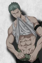 Rule 34 | 1boy, abs, bandana, bare shoulders, biceps, clothes in mouth, clothes lift, clothes pull, green hair, highres, lifted by self, long sideburns, looking at viewer, male focus, mouth hold, muscular, muscular male, one piece, pants, pants pull, pectorals, pinattsu, pulled by self, roronoa zoro, scar, scar across eye, scar on face, scar on stomach, shirt in mouth, shirt lift, short hair, sideburns, sidepec, sleeveless, solo, stomach, tank top, upper body, veins, white tank top