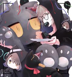Rule 34 | 1boy, absurdres, animal ears, arknights, balloon, black cape, blue eyes, brown hair, cape, cat boy, cat ears, character doll, christine (arknights), commentary, food, food in mouth, hat, highres, hood, hood up, hooded cape, macaron, male focus, oversized object, p (hgdsisd), party hat, phantom (arknights), short hair, simple background, stuffed animal, stuffed cat, stuffed toy, upper body, viewfinder, white background, yellow eyes