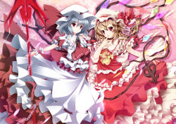 Rule 34 | 2girls, absurdres, ascot, blonde hair, chain, collaboration, crystal, female focus, flandre scarlet, frills, hair ribbon, hat, hat ribbon, highres, jewelry, kurono yuzuko, laevatein, multiple girls, nironiro, open mouth, puffy sleeves, red eyes, remilia scarlet, ribbon, short hair, short sleeves, siblings, side ponytail, silver hair, smile, spear the gungnir, touhou, weapon, wings, wrist cuffs