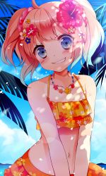 Rule 34 | 1girl, anko (shink0121), bemani, bikini, blue eyes, blush, character request, clenched teeth, cloud, day, flower, frilled bikini, frills, hair flower, hair ornament, highres, jewelry, looking at viewer, navel, necklace, ocean, orange bikini, pink hair, skirt, smile, solo, swimsuit, teeth, twintails