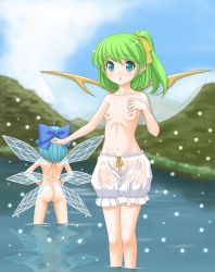 Rule 34 | 2girls, :o, ahoge, aqua eyes, ass, back, bloomers, blue hair, bow, breasts, cirno, daiyousei, fairy wings, from behind, green hair, hair bow, hair ribbon, hands on own hips, highres, ice, ice wings, light particles, looking at viewer, multiple girls, navel, nipples, nude, open mouth, partially submerged, reflection, ribbon, side ponytail, skinny, small breasts, t2r, topless, touhou, underwear, underwear only, wading, water, wet, wet clothes, white bloomers, wings