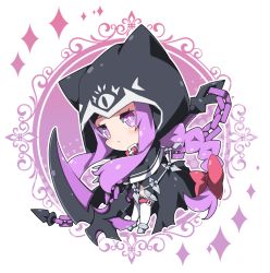 Rule 34 | 1girl, :&lt;, animal ears, animal hood, black capelet, black cloak, blush, bow, braid, capelet, cat ears, cat hood, chain, chibi, cloak, closed mouth, commentary request, fate/grand order, fate (series), full body, grey footwear, hair bow, holding, holding scythe, hood, hood up, hooded cloak, long hair, medusa (fate), medusa (lancer) (fate), medusa (rider) (fate), milkpanda, purple eyes, purple hair, red bow, rider, scythe, sidelocks, single braid, solo, thighhighs, very long hair, white thighhighs