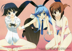 Rule 34 | 00s, 3girls, absurdres, animal ears, antenna hair, asou asuna, bent over, black hair, blue eyes, blue hair, blush, bra, breasts, brown eyes, brown hair, cleavage, company connection, crease, crossover, dress shirt, fake animal ears, flat chest, folded ponytail, hair ornament, hair up, hairclip, high heels, highres, komaki manaka, large breasts, leaf (studio), leotard, lingerie, llyr, long hair, multiple girls, nakamura takeshi, necktie, open mouth, panties, pantyhose, pink panties, playboy bunny, playing games, rabbit ears, scan, shirt, shoes, short hair, sitting, spread legs, striped clothes, striped panties, surprised, tears to tiara, tenshi no inai 12-gatsu, thigh gap, thighs, to heart (series), to heart 2, underwear, underwear only, very long hair, wrist cuffs