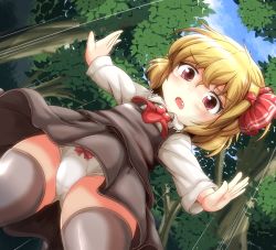 Rule 34 | 1girl, annoyed, ascot, black thighhighs, blonde hair, blue sky, blush, child, day, dutch angle, embodiment of scarlet devil, fang, female focus, forest, hair ribbon, nature, open mouth, outdoors, outstretched arms, panties, pantyshot, plump, red eyes, ribbon, rumia, short hair, sky, solo, spread arms, thick thighs, thighhighs, thighs, touhou, tree, underwear, white panties, yoriyuki chiyo