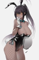Rule 34 | 1girl, absurdres, animal ears, aqua ribbon, bad id, bad pixiv id, bare shoulders, black hair, black leotard, blue archive, bow, bowtie, breasts, cleavage, commentary request, dark-skinned female, dark skin, detached collar, fake animal ears, fake tail, fishnet pantyhose, fishnets, gloves, halo, highleg, highleg leotard, highres, holding, holding tray, karin (blue archive), karin (bunny) (blue archive), kitere, large breasts, leotard, long hair, pantyhose, playboy bunny, rabbit ears, rabbit tail, ribbon, shiny clothes, shiny skin, side-tie leotard, simple background, solo, standing, strapless, strapless leotard, tail, traditional bowtie, tray, very long hair, white background, wide hips, wrist cuffs, yellow eyes