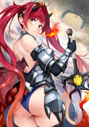 Rule 34 | 1girl, alternate costume, armor, armored dress, ass, azur lane, bare back, bare shoulders, black gloves, blue panties, breastplate, breath weapon, breathing fire, chinese zodiac, collar, commentary request, cowboy shot, detached collar, dragon girl, dragon horns, dragon tail, elbow gloves, fire, from behind, gauntlets, gloves, highres, honolulu (azur lane), horns, irohara, long hair, manjuu (azur lane), metal collar, orange eyes, panties, red hair, solo, tail, twintails, underwear, very long hair, year of the dragon