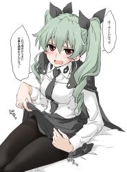 Rule 34 | 10s, 1girl, alternate legwear, anchovy (girls und panzer), anzio school uniform, black cape, black necktie, black pantyhose, black ribbon, black skirt, blush, cape, clothes lift, commentary, dress shirt, drill hair, elf (stroll in the woods), frown, girls und panzer, green hair, hair ribbon, highres, lifting own clothes, long hair, long sleeves, looking at viewer, necktie, open mouth, pantyhose, red eyes, ribbon, school uniform, shirt, sitting, skirt, skirt lift, solo, sweatdrop, tearing up, translation request, twin drills, twintails, white shirt