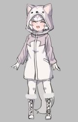 Rule 34 | 1girl, :3, :d, ^ ^, animal hood, arm at side, boots, closed eyes, commentary, cross-laced footwear, dog (mixed breed) (kemono friends), dog hood, dog tail, closed eyes, fang, full body, gloves, grey background, grey hair, hood, hood up, kemono friends, knee boots, long sleeves, multicolored hair, nyifu, open mouth, pantyhose, raincoat, short hair, simple background, smile, solo, tail, two-tone hair, white footwear, white gloves, white hair, white pantyhose