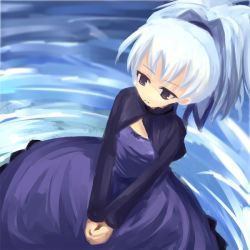 Rule 34 | 00s, 1girl, breasts, cleavage, cleavage cutout, clothing cutout, cowboy shot, darker than black, dress, from above, kuro (be ok), long sleeves, own hands together, ponytail, purple dress, purple eyes, silver hair, small breasts, solo, wading, water, yin (darker than black)