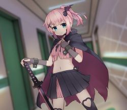 Rule 34 | 1girl, bat wings, capelet, chiyoda momo, cloak, door, fingerless gloves, gloves, haemori ako, hair ornament, hairclip, hallway, halterneck, highres, indoors, machikado mazoku, navel, pink hair, short hair, solo, sword, weapon, wings