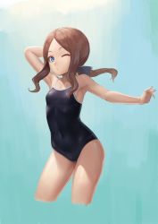 Rule 34 | 1girl, arm behind head, arm up, armpits, bare shoulders, black bow, black one-piece swimsuit, blue background, blue eyes, blush, bow, breasts, brown hair, collarbone, competition school swimsuit, covered navel, fate/grand order, fate (series), forehead, gradient background, hair bow, highres, leonardo da vinci (fate), leonardo da vinci (fate/grand order), leonardo da vinci (rider) (fate), long hair, looking at viewer, one-piece swimsuit, one eye closed, parted bangs, ponytail, ranma (kamenrideroz), school swimsuit, small breasts, solo, swimsuit, thighs