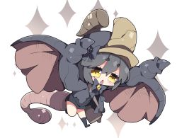 Rule 34 | 1girl, :&lt;, bag, black bow, black dress, black jacket, black socks, blush, bow, brown wings, commentary request, dress, fang, full body, grey hair, gypceros, hair between eyes, highres, horns, jacket, kneehighs, milkpanda, monster hunter (series), no shoes, open mouth, personification, ribbed dress, short eyebrows, shoulder bag, socks, solo, sparkle, tail, thick eyebrows, triangle mouth, white background, wings, yellow eyes