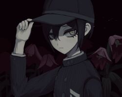 Rule 34 | 1boy, baseball cap, black background, black hat, black jacket, brown eyes, buttons, danganronpa (series), danganronpa v3: killing harmony, double-breasted, flower, from side, hand on headwear, hand up, hat, highres, ie (kshgnhg), jacket, long sleeves, looking at viewer, male focus, saihara shuichi, solo, striped clothes, striped jacket, upper body