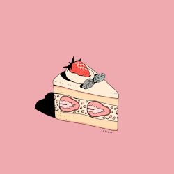 Rule 34 | artist name, cake, choo, dessert, food, food focus, fruit, highres, leaf, no humans, original, pink background, shadow, signature, simple background, strawberry, strawberry shortcake
