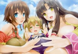 Rule 34 | 3girls, absurdres, amy (suisei no gargantia), black hair, blue eyes, blue sky, blush, breasts, brown hair, cleavage, cloud, day, earrings, green eyes, hair ornament, hair tubes, hands up, highres, ishikei, jewelry, large breasts, long hair, looking at viewer, melty (suisei no gargantia), multiple girls, necklace, official art, open mouth, saaya (suisei no gargantia), scan, short hair, sky, smile, suisei no gargantia, twintails, yellow eyes