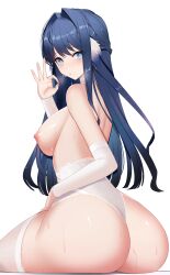 Rule 34 | 1girl, absurdres, arknights, ass, astesia (arknights), ateoyh, blue eyes, blue hair, blush, breasts, bright pupils, diamond-shaped pupils, diamond (shape), garter belt, hair intakes, handjob gesture, highres, large breasts, long hair, nipples, simple background, sitting, solo, symbol-shaped pupils, thighhighs, topless, white background, white pupils, white thighhighs