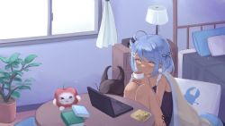 Rule 34 | 1girl, absurdres, ahoge, bed, black leotard, black ribbon, blanket, blue hair, blue nails, book, commentary, computer, cup, dark-skinned female, dark skin, desk, drinking, english commentary, fingernails, hair ornament, hair ribbon, hairclip, highres, holding, holding cup, indie virtual youtuber, indoors, klaius, lamp, laptop, leotard, looking at viewer, medium hair, munibug, nail polish, own hands together, plant, potted plant, ribbon, sitting, solo, stag beetle, virtual youtuber, window