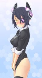 Rule 34 | 10s, 1girl, black hair, black thighhighs, blush, bottomless, breasts, covering privates, covering crotch, embarrassed, eyepatch, headgear, highres, kantai collection, large breasts, looking at viewer, necktie, personification, school uniform, short hair, solo, tears, tenryuu (kancolle), thighhighs, wa (genryusui), wavy mouth, yellow eyes