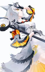 Rule 34 | absurdres, arknights, black gloves, dress, expressionless, gloves, goggles, goggles around neck, halterneck, highres, hoojiro, long hair, looking up, owl ears, ptilopsis (arknights), rhine lab logo, solo, staff, white background, white dress, white hair, yellow eyes