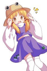 Rule 34 | 1girl, :d, bad id, bad twitter id, blonde hair, brown eyes, brown hat, commentary request, hair ribbon, hands up, hat, highres, long hair, long sleeves, moriya suwako, notice lines, open mouth, purple skirt, purple vest, red ribbon, ribbon, shika (s1ka), shirt, simple background, skirt, smile, solo, thighhighs, touhou, vest, white background, white shirt, white thighhighs, wide sleeves