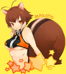 Rule 34 | 1girl, animal ears, antenna hair, arc system works, bare shoulders, blazblue, blazblue: continuum shift, breasts, brown eyes, brown hair, character name, conomo, makoto nanaya, multicolored hair, navel, orange eyes, short hair, simple background, smile, solo, squirrel ears, squirrel tail, star (symbol), tail, two-tone hair, underboob