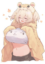 Rule 34 | 1girl, :d, ^ ^, animal hood, bear hood, black skirt, blonde hair, blush, breasts, closed eyes, dorainatto, hair between eyes, highres, hood, hood up, hooded jacket, jacket, large breasts, midriff, navel, open mouth, original, shirt, short hair, simple background, skirt, smile, solo, two side up, upper body, white background, white shirt, yellow jacket