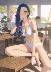 Rule 34 | 1boy, 1girl, banner, bare shoulders, bench, bikini, blue hair, blurry, blurry background, blush, bracelet, breasts, breath, cleavage, collarbone, cup, curly hair, depth of field, earrings, hand on own face, hara kenshi, highres, jewelry, kimishima touka, long hair, medium breasts, menu, mug, navel, necklace, nobori, original, plant, pout, sitting, solo focus, spade necklace, stomach, swept bangs, swimsuit, table, thigh strap, white bikini, yellow eyes