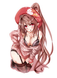 Rule 34 | 1girl, blush, bra, breasts, brown hair, earrings, female focus, garter belt, hand on own hip, hat, highres, jewelry, jotti, kneeling, lace, lace-trimmed bra, lace-trimmed legwear, lace trim, large breasts, long hair, looking at viewer, open mouth, phantasy star, phantasy star online 2, pointy ears, ponytail, red eyes, reimusan (jotti), ribbed sweater, solo, sweater, thighhighs, underwear, very long hair, white background