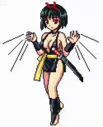 Rule 34 | 1girl, animated, animated gif, bare legs, bare shoulders, black hair, bob cut, breasts, choker, cleavage, dress, eyeshadow, full body, green hair, hairband, inuyasha, large breasts, lips, lipstick, looking to the side, lowres, makeup, mitora5, no bra, no panties, pixel art, red eyes, revealing clothes, sakasagami no yura, shiny clothes, shiny skin, short dress, short hair, simple background, smile, solo, standing, toeless legwear, toes