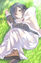 Rule 34 | 1girl, black hair, blue eyes, boots, brown footwear, capelet, commentary request, day, frilled skirt, frills, grass, hair ornament, hairclip, hood, hood down, hooded capelet, lace trim, looking at viewer, lying, on grass, on side, original, outdoors, parted lips, plaid, plaid shirt, shirt, skirt, solo, sunlight, suzunari shizuku, white capelet, white skirt, yuki arare
