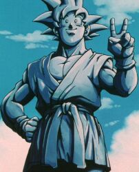Rule 34 | dragon ball, dragon ball gt, homage, muscular, muscular male, peace symbol, smile, son goku, statue, tagme