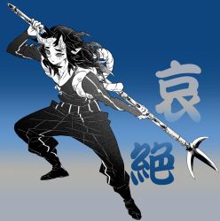Rule 34 | 1boy, aizetsu (kimetsu no yaiba), black sclera, blue background, bridal gauntlets, character name, colored sclera, cracked skin, fighting stance, fingernails, full body, gradient background, greyscale with colored background, hantengu (kimetsu no yaiba), highres, holding, holding polearm, holding weapon, horns, japanese clothes, jika-tabi, kimetsu no yaiba, long hair, long sleeves, looking at viewer, male focus, mintiaorion, monochrome, oni, oni horns, pants, pointy ears, polearm, sharp fingernails, solo, squatting, tasuki, text in eyes, veins, weapon, weapon request