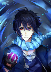 Rule 34 | 1boy, alain (pokemon), black gloves, black hair, black jacket, blue background, blue eyes, blue scarf, creatures (company), fingerless gloves, game freak, gloves, holding, holding poke ball, jacket, kisaragi itsuka (aufheben), long sleeves, looking at viewer, nintendo, open clothes, open jacket, poke ball, pokemon, pokemon (anime), pokemon xy (anime), portrait, scarf, shirt, signature, spiked hair, t-shirt, upper body, v-neck