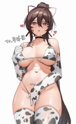 Rule 34 | 1girl, absurdres, animal print, artist request, bare shoulders, bikini, black choker, breasts, breasts apart, brown eyes, brown hair, choker, commission, cow print, cow print bikini, cow print gloves, cow print thighhighs, cowboy shot, elbow gloves, female masturbation, gloves, hair between eyes, hair ribbon, hand on own chest, heart, heart-shaped pupils, high ponytail, highleg, highleg bikini, highres, large breasts, long hair, looking at viewer, masturbation, navel, original, parted lips, ponytail, print bikini, print gloves, print thighhighs, pulling own clothes, ribbon, second-party source, sidelocks, skindentation, solo, stomach, strap pull, string bikini, swimsuit, symbol-shaped pupils, thighhighs, thighs, white bikini, white gloves, white thighhighs
