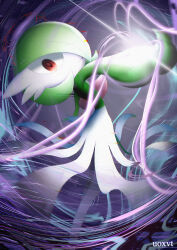 Rule 34 | 1girl, absurdres, arched back, blood halo, bob cut, colored skin, creatures (company), female focus, flat chest, from side, game freak, gardevoir, gen 3 pokemon, glitch, glowing, green hair, green skin, grey background, hair over one eye, highres, leaning back, looking at viewer, multicolored skin, nintendo, one eye covered, open mouth, pokemon, pokemon (creature), pokemon move, red eyes, shadow ball (pokemon), short hair, solo, standing, two-tone skin, uoxvt, white skin, wide-eyed