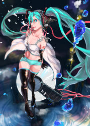 Rule 34 | 1girl, aqua eyes, aqua hair, boots, breasts, cable, camisole, elbow gloves, gloves, hatsune miku, headphones, highres, lips, long hair, midriff, navel, nose, short shorts, shorts, small breasts, solo, spot (artist), striped clothes, striped shorts, tattoo, thigh boots, thighhighs, twintails, very long hair, vocaloid