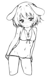 Rule 34 | 1girl, :&lt;, animal ears, bikini, bikini pull, blush, carrot, clothes pull, cowboy shot, cropped legs, female focus, front-tie top, greyscale, groin, inaba tewi, jewelry, lineart, monochrome, navel, pendant, petite, pulling own clothes, rabbit ears, rabbit girl, rabbit tail, short hair, sky-freedom, solo, swimsuit, tail, touhou, wet