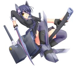 Rule 34 | 10s, 1girl, bad id, bad pixiv id, black thighhighs, eyepatch, fingerless gloves, full body, gloves, headgear, kantai collection, necktie, open mouth, personification, purple hair, school uniform, short hair, shouyan, solo, sword, tenryuu (kancolle), thighhighs, transparent background, unsheathed, weapon, white background, yellow eyes