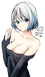 Rule 34 | 1girl, bare shoulders, black sweater, blue eyes, blue hair, breasts, cleavage, closed mouth, collarbone, commentary request, dated, hair between eyes, hand up, head tilt, highres, long sleeves, looking at viewer, medium breasts, nekobaka, no bra, off-shoulder, off-shoulder sweater, off shoulder, original, short hair, signature, simple background, sleeves past wrists, smile, solo, sweater, twitter username, upper body, white background