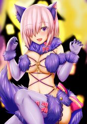 Rule 34 | 1girl, :d, abukobato, animal ears, blurry, blush, bow, breasts, claw pose, claws, depth of field, elbow gloves, eyes visible through hair, fang, fate/grand order, fate (series), fur trim, gloves, hair over one eye, halloween costume, highres, kneeling, lace, lace-trimmed legwear, lace trim, large breasts, light purple hair, looking at viewer, mash kyrielight, mash kyrielight (dangerous beast), navel, o-ring, o-ring top, official alternate costume, open mouth, pink bow, purple eyes, purple gloves, purple thighhighs, revealing clothes, short hair, smile, solo, tail, thighhighs, wolf ears, wolf tail