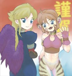 Rule 34 | 2girls, animal ears, blonde hair, blue eyes, breasts, breath of fire, breath of fire ii, bustier, capcom, cat ears, closed mouth, dress, facial mark, feathered wings, gloves, green eyes, long hair, looking at viewer, multiple girls, nina (breath of fire ii), pointy ears, purple wings, rinpoo chuan, short hair, sicky (pit-bull), wings