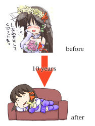 Rule 34 | 1girl, ^ ^, ^o^, banana, before and after, blush, bouquet, bride, brown hair, chibi, chibi only, closed eyes, couch, dress, eating, flower, food, food on face, fruit, gloves, hair flower, hair ornament, hairclip, hand on own cheek, hand on own face, happy tears, long hair, lying, multiple views, on side, os-tan, tears, thighhighs, truth, wedding dress, white gloves, xp-tan
