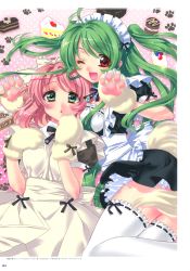 Rule 34 | 2girls, :o, ;d, absurdres, animal hands, blush, cake, censored, convenient censoring, food, from behind, gloves, green eyes, green hair, highres, inukami!, kamiya maneki, looking at viewer, looking back, maid, maid headdress, multiple girls, nadeshiko (inukami), one eye closed, open mouth, parted lips, paw gloves, paw print, pink hair, red eyes, ribbon-trimmed legwear, ribbon trim, smile, tail, thighhighs, twintails, white legwear, wink, youko (inukami), zettai ryouiki